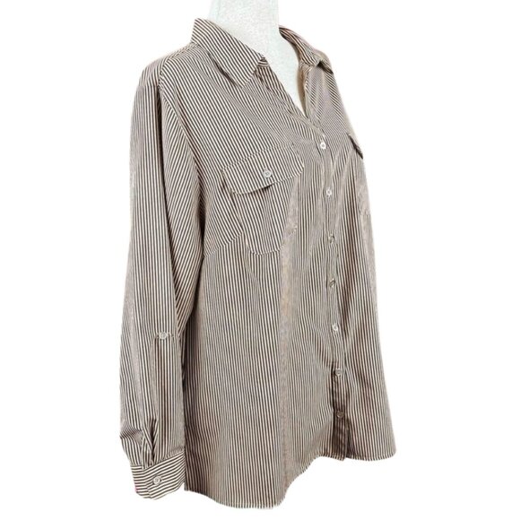 NOTATIONS BROWN AND TAN PINSTRIPE BUTTON UP SHIRT, SIZE 2X - Picture 4 of 5